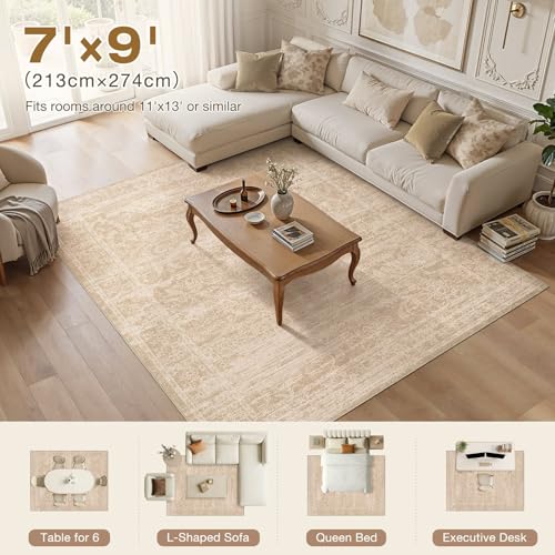 Nakagishi 7x9 Area Rugs Living Room:Washable Large Vintage Rug Neutral Non-Slip Soft Stain Resistant Indoor Carpet for Bedroom Nursery Dining Room Office Playroom - color: Beige/Dark Brown, size: 7' x 9' (Rectangular)
