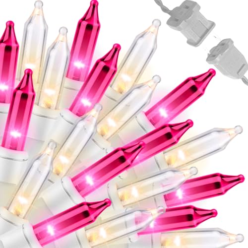 LAMPHOME Pink Clear Christmas Valentine's String Lights 100 Mini Incandescent Fairy Light Decor 20 Ft White Wire Indoor & Outdoor Party Patio Bedroom, Xmas Tree Garland Easter Holiday Decoration - color: Pink and Clear-White Wire
