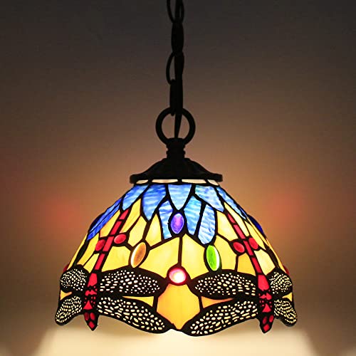 Small Tiffany Pendant Light 8 inch Tiffany Style Stained Glass Pendant Hanging Lamp Small Vintage Hanging Light Fixtures for Home Living Room Restaurant Hallway (Yellow Dragonfly Style) - color: Red Dragonfly Yellow Style