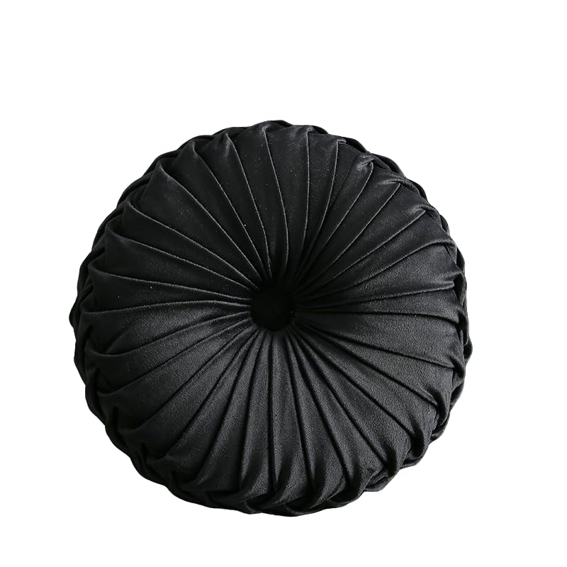 MOCOFO Round Velvet Throw Pillow, Pumpkin Shape Decorative Floor Cushion, Handcrafted Pleated Design, 14 and 16 Inch Diameter, Multiple Colors, Polyester Fill (Black, 16") - color: Black, size: 16"
