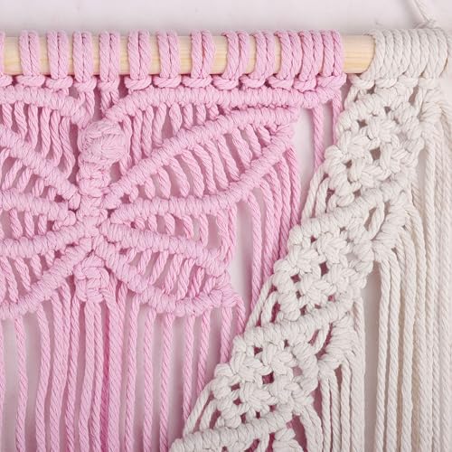 LB Macrame Wall Hanging, Pink Butterfly Tapestry Wall Hanging Decor Boho Art Wall Decor Bohemian Handmade Yarn Macrame Wall Art for Living Room Apartment Office Backdrop,13" W x 25.6" L - color: Beige Pink