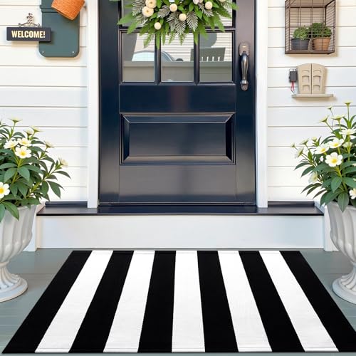 OLANLY Black and White Striped Rug 2'4" x 3'7" (27.5" x 43") – Washable Cotton Indoor Outdoor Doormat for Front Door, Entryway, Kitchen, Porch, Patio Decor - color: Black White Vertical Stripe, size: 2'4" X 3'7" (Rectangular)
