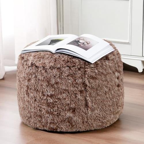 HIGOGOGO Round Stuffed Pouf Ottoman, Long Faux Fur Poufs with Foam Chunk Filling, Fluffy and Furry Pouf Foot Stool Storage Ottoman, 20 X 15 Floor Poufs Foot Rest for Living Room, Snow Coffee - color: Brown, size: 20"D x 20"W x 15"H