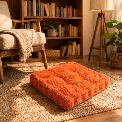 ChezMax Floor Pillow & Cushion, Large Meditation Chair Cushions, Thick Square Seat Pad, Soft Velvet Tufted Seating Pouf for Indoor/Outdoor Yoga Bench Rocking Chair Room Tatami Sofa, Orange 20" x 20" - color: Orange L