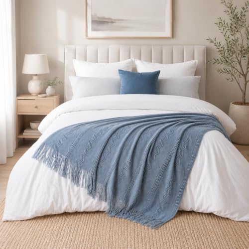 BATTILO HOME Dusty Blue Throw Blanket for Couch, Soft Knit Throws with Tassels for Home Decor, Blue Blankets and Throws for Bed Sofa, 50"x60" - color: Dusty Blue, size: 50 x 60 in.