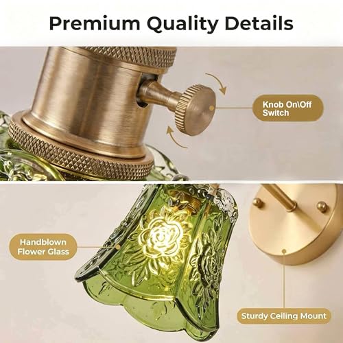 2 Pack Vintage Wall Sconces, Green Wind Chime Glass Shade Wall Lamp with 2 Natural Light Bulbs, Hardwired Design with Rotary Switch, Decorative Light for Bedroom Hallway Living Room - color: Green 2pcs Flower Wall Light