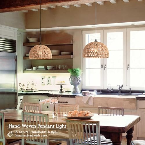 Hemp Rope Woven Pendant Light Woven Light Fixture Boho Chandelier Light Fixture Wicker Pendant Lights Rattan Lights Pendant Dome Wicker Chandelier for Dining Room Kitchen Island(Bulb Incl. - color: 12.2" Natural