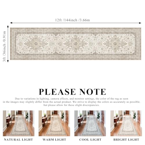 3x12 Runner Rug Hallway - Non Slip Washable Runners Soft Low Pile Long Rugs Oriental Neutral Hall Carpets Ultra Thin Indoor Farmhouse Floor Mat Stain Resistant Waterproof Throw Rug - 3x12 Ivory - color: Ivory, size: 3' x 12' (Rectangular)
