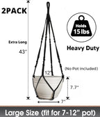 2 Pack 43 Inches Macrame Planter Hanger Large for 12 inch Pot (Extra Long & Big) + Swag Hook | Large Hanging Planter for Indoor Plants | No Pot/Plant Included (XL)