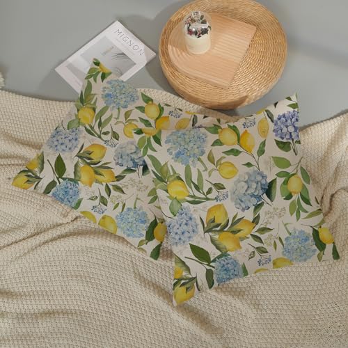 Blue Yellow Pillow Covers 16x16 Inch 2 Pcs Blue Hydrangea Floral Decor Throw Pillows Vintage Lemon Flower Seasonal Summer Outdoor Decoration Pillowcase Linen Cushion Cover for Couch Sofa - color: Blue Yellow Hydrangea Lemon Flower, size: 16" x 16" (Pack o