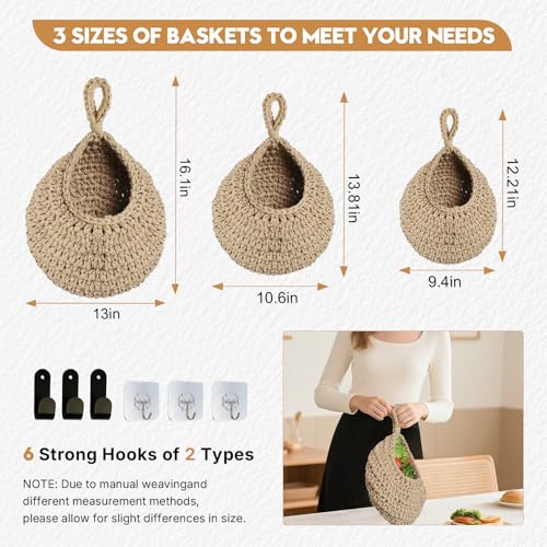 Water Drop Boho Wall Hanging Fruit Baskets for Kitchen - Bohemian Home Decor, Hanging Storage to Keep Fruits Fresh & Kitchen Tidy. - color: Khaki hemp rope