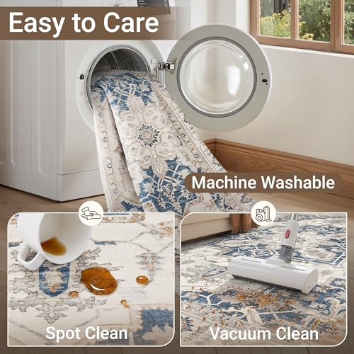 befbee 5x7 Area Rug for Living Rooms, Stain Resistant Neutral Washable Rugs for Dining Rooms, Floral Vintage Non-Slip Thin Large Size Area Rugs(Blue) - color: Blue, size: 5' x 7' (Rectangular)