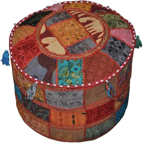 Indian Pouf Footstool Ethnic Embroidered Pouf Cover, India Cotton Round Pouffe Ottoman Pouf Cover Pillow Ethnic Decor Art-Cover Only-Indian Ottoman poufs - color: Alteration, size: 18"D x 18"W x 14"H