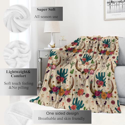Western Cow Skull Blanket Cactus Boho Throw Blankets,Birthday Gifts for Kids Adult,Lightweight Soft Fleece with Southwestern Style,for Sofa Couch Bed Room Artistic Bohemian Decor 40x50in - color: Western, size: 40x50in