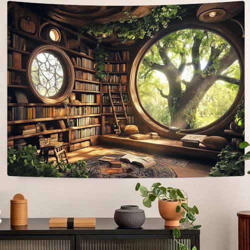 RichIdeas 60x44inches Window Tapestry Forest Window Tapestry Library Tapestries Tree Bookshelf Wall Blanket for for Bedroom Living Room Dorm Decor RITA031 - color: Yellow-1, size: 60"L x 44"W