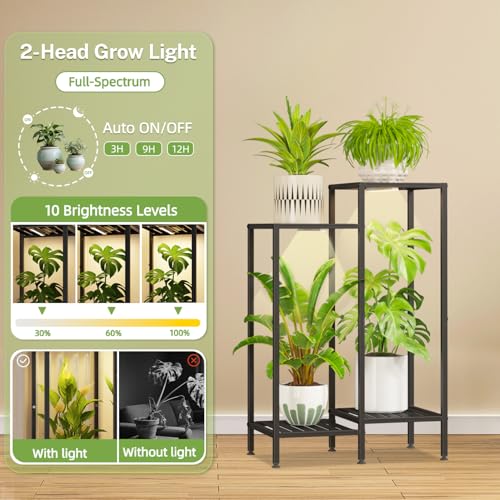 iDavosic.ly Indoor Plant Stand with Grow Light, Metal 4 Tier Corner Flower Holder Shelf Outdoor for Large Pots, Tall Rack for Patio Porch Balcony Living Room, Black - color: Black with Light, size: 4 Tiers