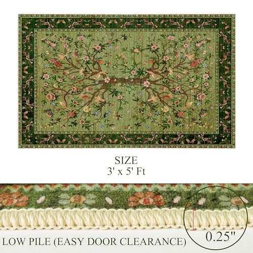 Green Area Rug 3x5 Washable, Non-Slip Small Rug Carpet, Floral Boho Low Pile Soft Throw Rugs for Entryway, Bedroom, Kids Room, Dorm, Office, Nursery, Vintage Home Decor - color: Green, size: 5' x 3' (Rectangular)