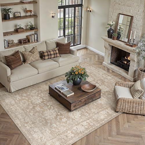 HUGEAR 8x10 Area Rug Beige Machine Washable Rug Room Decor Vintage Distressed Living Room Rugs Non Slip Low Pile Soft Carpet for Bedroom Dining Room Office Soft Lightweight - color: A| Beige, size: 8' x 10' (Rectangular)