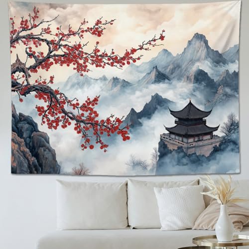 keowhsf Japanese Tapestry Aesthetic Wall Decor – Watercolor Ink Landscape with Red Plum Blossoms and Misty Mountains, Asian Art Hanging for Bedroom, Living Room, Dorm - color: Ink, size: 80"L x 60"W
