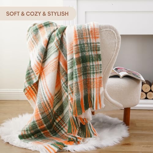Battilo Green Plaid Throw Blanket for Couch, Fall Mohair Tartan Plaid Blanket, Farmhouse Style Orange Throw Blankets for Home Decor(50"x60") - color: Green Orange Plaid