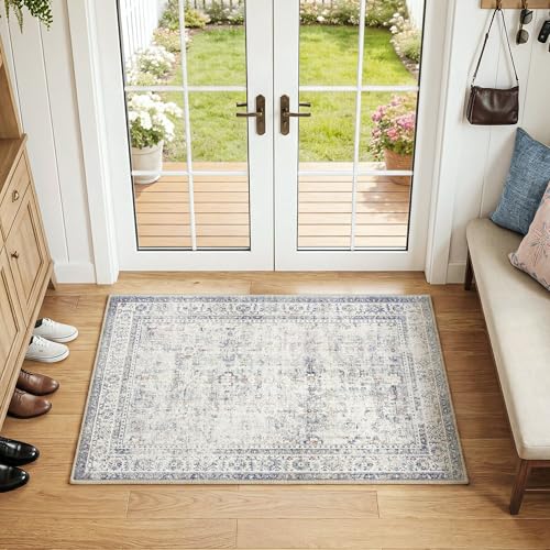 FMFUNCTEX Entryway Rug 2x3 Blue Washable Neutral Vintage Distressed Oriental Door Mat Non Slip Low Pile Indoor Carpet Soft Retro Small Throw Area Rugs for Entry Entrance Bedroom Kitchen Bathroom - color: Blue, size: 2' x 3' (Rectangular)