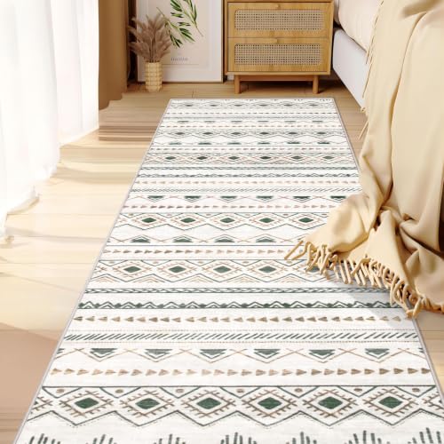 Runner Rug 2x7 Boho Geometric Area Rugs: Washable Kitchen Entryway Rug, Soft Non Slip Moroccan Long Hallway Rugs for Bedroom Bathroom Laundry Entryway Staircase Foyer(Brown Green,2'x7') - color: Brown/Green, size: 2' X 7' (Rectangular)