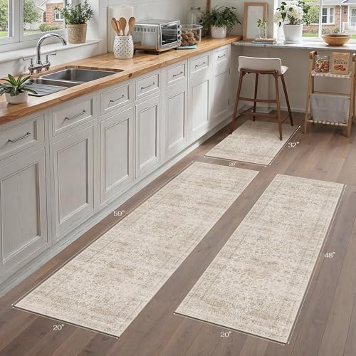 Vintage Kitchen Rug Set of 3 Washable Beige Kitchen Mats for Floor Non-Slip Kitchen Runner Rug Soft Low Pile Distressed for Bathroom Laundry Hallway Sink Entryway - color: Retro/Beige, size: 20"x32"+20"x48"+20"x59"