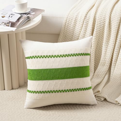 Fancy Homi Set of 2 Boho Lime Green Decorative Throw Pillow Cover 16x16 Inch for Couch Bed Sofa, Aesthetic Modern Organic Farmhouse Home Decor, Soft Cotton Cute Accent Macrame Woven Cushion Case - color: Lime Green, size: 16" x 16" (Pack of 2)