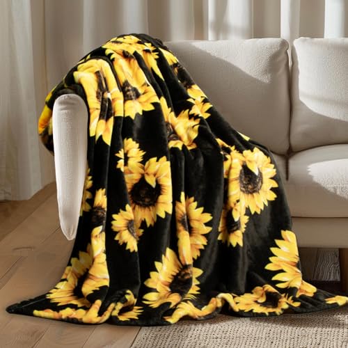 MACEVIA Sunflower Blankets Gifts for Women, Flannel Fleece Sunflower Gift, Floral Throw Blanket for Couch Bed Sofa, Soft Cozy Warm Lightweight Blankets for Travel Camping 260GSM (50"x60") - color: Sunflowers Print 01, size: Flannel Fleece (50x60 IN)