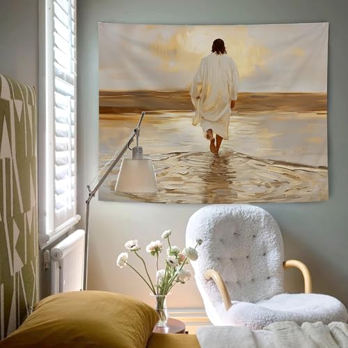 AQYIP Jesus Walking on Water Christian Tapestry, Jesus Christian Tapestry Decorative, Catholic Religious Wall Blanket Decor for Church Home Living Prayer Room Bedroom, 50x60 Inch - color: Jesus Walking on Water