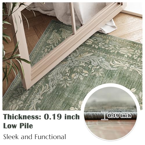 jinchan Green Floral 2x3 Rug for Entryway - Vintage Washable Area Rug Ultra-Thin Low Pile Soft Small Non Slip Distressed Doormat for Entrance Kitchen Bathroom Bedroom (2x3ft,Dark Green) - color: Floral Dark Green, size: 2' x 3' (Buttery Soft)