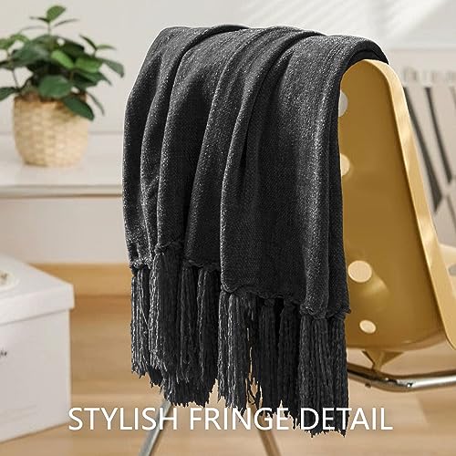 Chenille Throw Blanket for Couch 60"X 80" Twin, Soft Cozy Throws with Fringe Tassel for Bed Sofa Chair Cover, Lightweight Knitted Decorative Boho Blankets for Living Room, Dark Grey - color: Dark Grey, size: 60x80 inch
