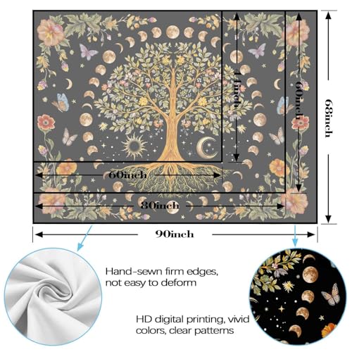 Lunerfex Tree of Life Wall Tapestry - Celestial Moon Phase & Sun Wall Hanging for Bedroom and Living Room Decor - Boho Spiritual Tapestries 80"x60" - color: Black Blue, size: 80"L x 60"W