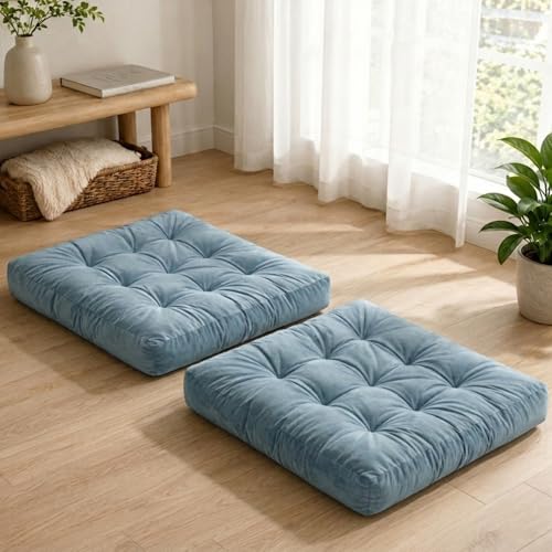 Floor Pillows for Adults Set of 2, Soft Velvet Floor Cushions for Sitting, Square Tufted Floor Pillow Set for Reading Nook, Living Room, Bedroom, 22 x 22 Inch, Blue - color: Blue, size: 2pack