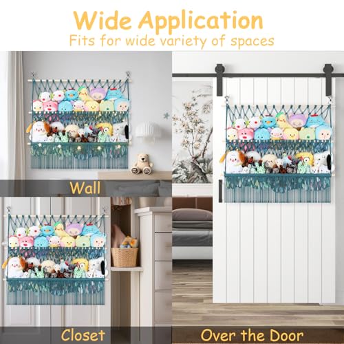 2 Tier Stuffed Animal Storage Shelf Net, 35x30'' Large Plushie Net w/ 2.4/1'' Dense Mesh for Mini Medium Stuffy Teddy, Aqua Boho Macrame Plush Holder Display w/Lights&Clips for Nursery Decor - color: Aqua, size: Large-2 Tier-35x30 Inch