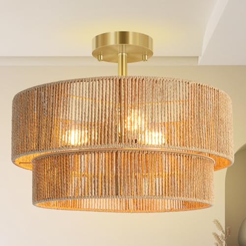 BoostArea 16.54” Boho 2-Tier Rattan Ceiling Light Fixture, Semi Flush Mount Woven Chandelier for Bedroom, Dining Room, Kitchen, Entryway, Living Room(Bulb not Included) - color: Brown