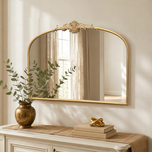 Besdomus Antique Arched Gold Mirror: 32"x24" French Large Gleaming Gold Antique Wall Mirror - Baroque Traditional Ornate for Fireplace/Bathroom/Bedroom - Ideal Gifts for Housewarming/Birthday - color: Gleaming Gold, size: 24"L x 32"W