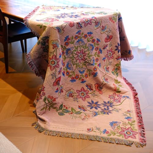 Mandala Flower Boho Throw Blanket for Couch Bed Chair Lounge Hippie Room Decor Reversible Cotton Woven Whimsical Throw Blanket Witchy Room Decor Throws Bed Spread Outdoor Camping Blanket 51x59 Inches - color: Woven Floral