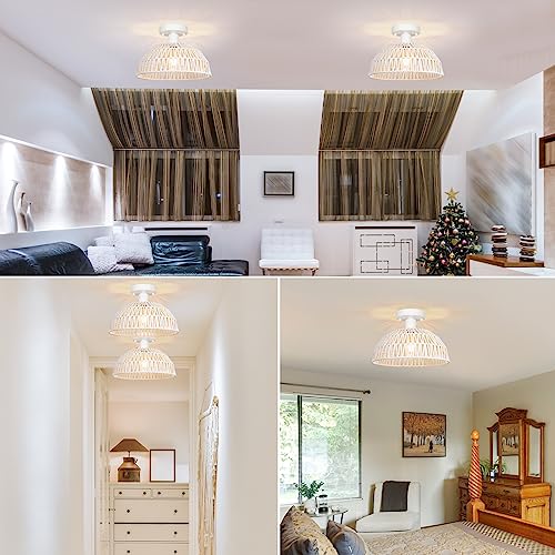 Rattan Ceiling Light Fixtures 2 Packs-White Rustic Woven Basket Flush Mount Ceiling Light, Handmade Wicker Ceiling Lamp, Rattan Chandelier For Kitchen Island, Hallway, Living Room, Bedroom, E26 Base - color: White