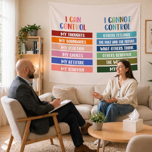 50x60in Mental Health Tapestry, Circle of Control Positive Affirmations Wall Hanging, Mental Health Gift for Women, Inspirational Psychology Poster Wall Art Decor for Therapy Office, School Counselor