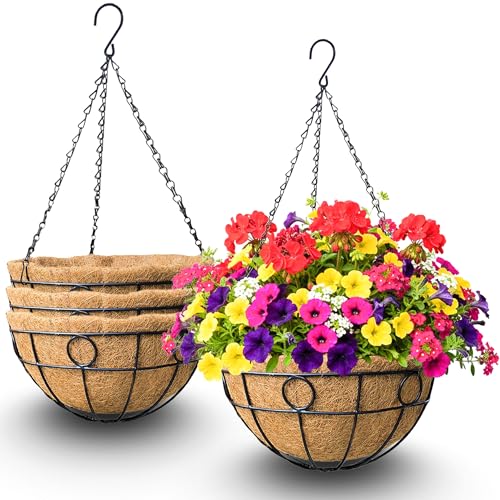 4 Pack 12 Inch Hanging Baskets for Plants Outdoor Metal Hanging Planters Round Hanging Flower Pots with Coco Coir Liner Plant Holder for Outdoor Patio Garden Balcony Decor - Circular - color: Circular