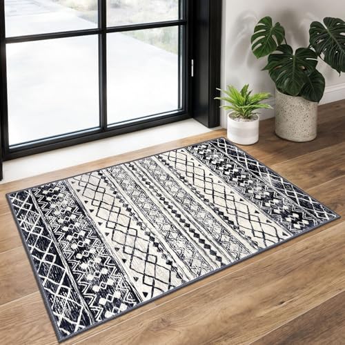KUTA Moroccan Area Rugs 2x3, Black Navy Blue Entryway Rug Non-Slip Washable Small Indoor Door Mat, Ultra Soft Print Vintage Geometric Low-Pile Floor Carpet for Entrance, Kitchen - color: Beige/Black Navy Blue, size: 2' x 3' (Rectangular)