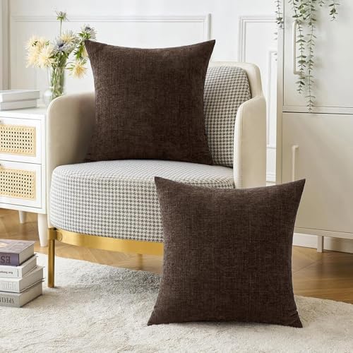 MIULEE Pack of 2 Dark Brown Throw Pillow Covers 16x16 Inch Soft Chenille Pillow Covers for Sofa Living Room Couch Solid Dyed Cases - color: Dark Brown, size: 16" x 16" (Pack of 2)