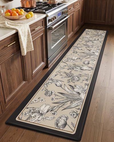 LUMI Anti Fatigue Kitchen Cushioned Mat for Floor, Padded Waterproof Runner for Standing, Stain Resistant Comfort Rugs for Home, Sink, Laundry, 24x108 - color: Cream Black, size: 108"L x 24"W x 0.4"Th