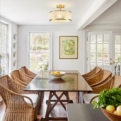 Modern Semi Flush Mount Ceiling Light, 3 Light Gold Ceiling Light with Rope Shade, Drum Light Fixture for Kitchen Bedroom Dining Room Hallway Entryway - color: Gold