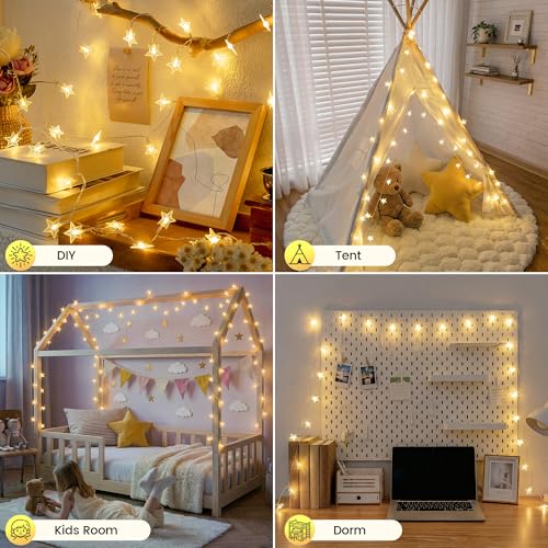 HEYFUNi Star String Lights with Remote, 16ft 50 LED Cute Fairy Lights USB & Battery Operated, 8 Modes & Timer, Waterproof Hanging Star Decor for Kids Bedroom, Nursery, Dorm Decor, Warm White - color: Warm White, size: 50 LED-Battery&USB