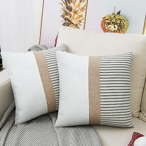 JASEN Farmhouse Pillow Covers 18x18, Modern Accent Square Throw Pillow Covers Set of 2, Black and Beige Striped Patchwork Decorative Pillow Case for Sofa Couch Chair Bedroom - color: Black, size: 18" x 18" (Pack of 2)