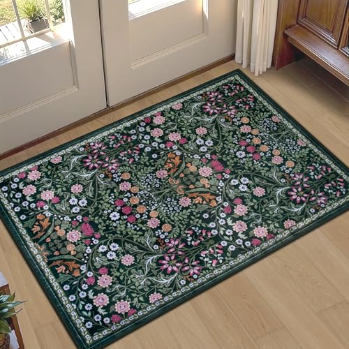 Entryway Rug 2X3 Small Rugs: Floral Washable Door Mat Vintage Soft Low Pile Non-Slip Kitchen Rugs Stain Resistant Indoor Throw Rug for Entrance, Bedroom, Kitchen, Laundry, Bathroom Dark Green - color: Dark Green, size: 2' x 3' (Rectangular)