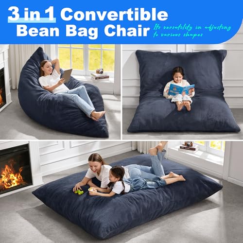 Hobestluk 3 in 1 Bean Bag Chair Giant Bean Bag Chairs for Adults with Plush Faux Fur Cover Convertible Bean Bag Floor Cushion with Machine Washable Cover for Living Room (Plush Dark Grey) - color: Charcoal Grey
