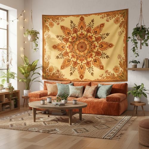 Motanber Boho Mandala Floral Tapestry Wall Hanging Bohemian Orange Yellow Flower Tapestry Aesthetic Vintage Sunflower Indian Large Tapestries for Bedroom Living Room Dorm Wall Decor 80 x 60 Inch - color: Orange Yellow, size: 80"L x 60"W